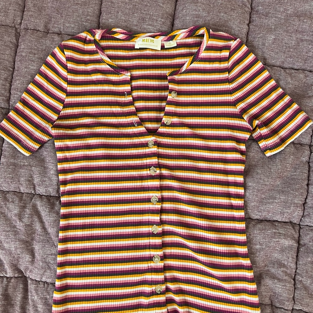 Maeve Striped Crop Top - Pink, Yellow, Brown, Deep V, Functional Buttons